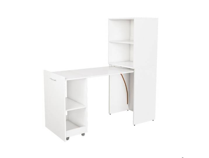 Bureau extensible secrétaire 55 x 136 cm avec armoire de rangement étagères réglables 5 niveaux MDF blanc TYNQER