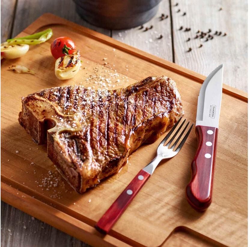 Grillbesteck-Set TRAMONTINA "Tramontina Churrasco Jumbo", rot (rot silber), Edelstahl, Holz, Grillbesteck-Sets, Grillbesteck-Set rot silber Einheitsgröße