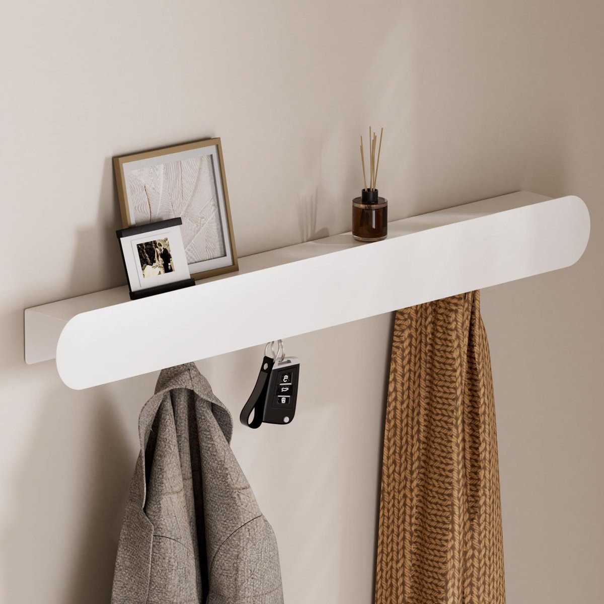 SnelShoppen Moderne metalen wandkapstok met 6 verborgen haken en plank - Wit