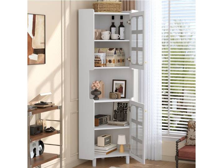 ROVRYN Meuble d'angle blanc laqué LED MDF rangement 3 zones vitrages texturés