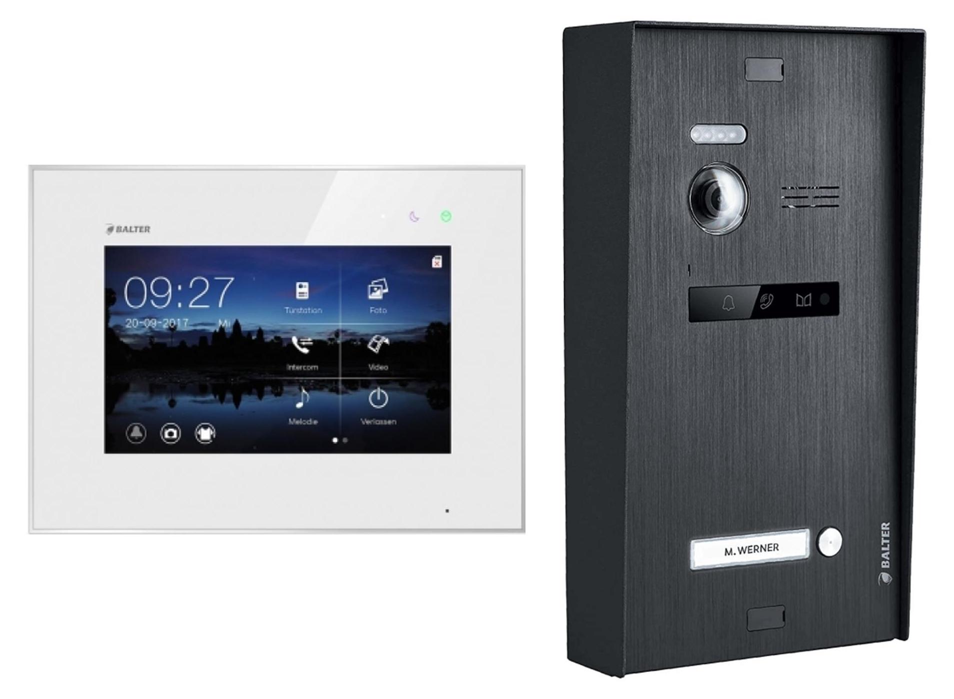 BALTER EVO Aufputz Video Türsprechanlage 2-Draht BUS für 1-Familienhaus mit 7" Touchscreen Monitor und Hauptstromverteiler Weiß Schwarz