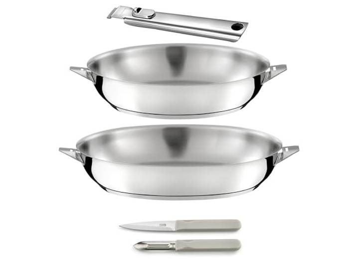 Cuisinox - Eclipse – Koch- und Besteck-Set – Pfannen 24/28 cm aus Edelstahl, Schäler und Gemüsemesser – abnehmbarer Griff aus Edelstahl – für alle Herdarten einschließlich Induktion geeignet