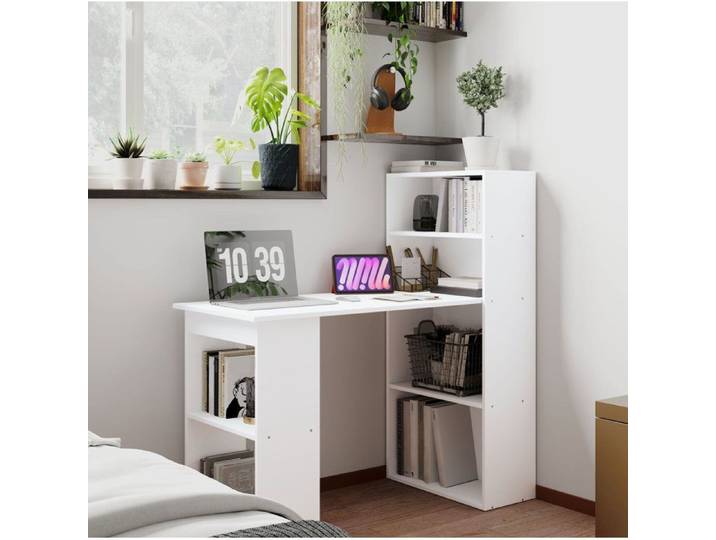 Bureau blanc avec étagères de rangement 120 x 55 x 120 cm meuble de bureau moderne