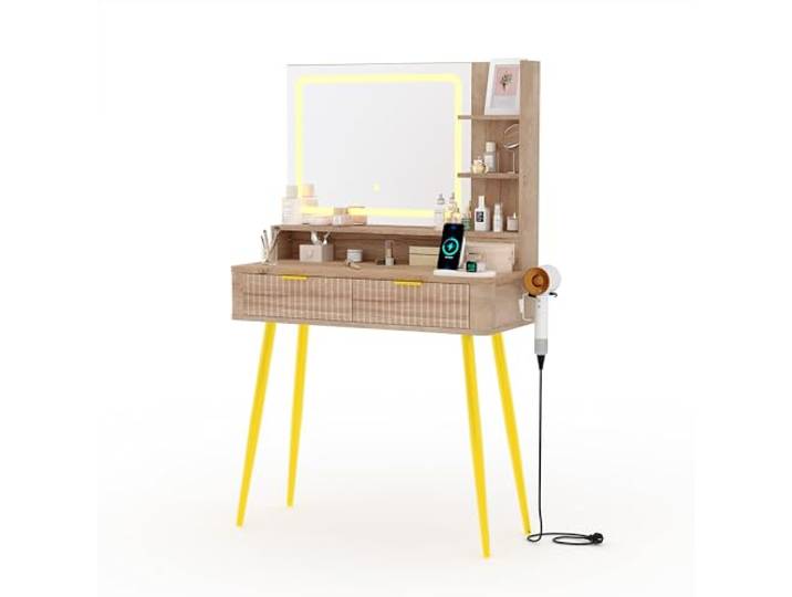 Euker Schminktisch mit Spiegel und Beleuchtung, 31 Zoll Frisiertisch im Mid-Century-Modern-Stil, Kosmetiktisch mit Aufbewahrungsschrank, 2 Schubladen, 3 Lichtfarben, Make-up-Tisch für Schlafzimmer