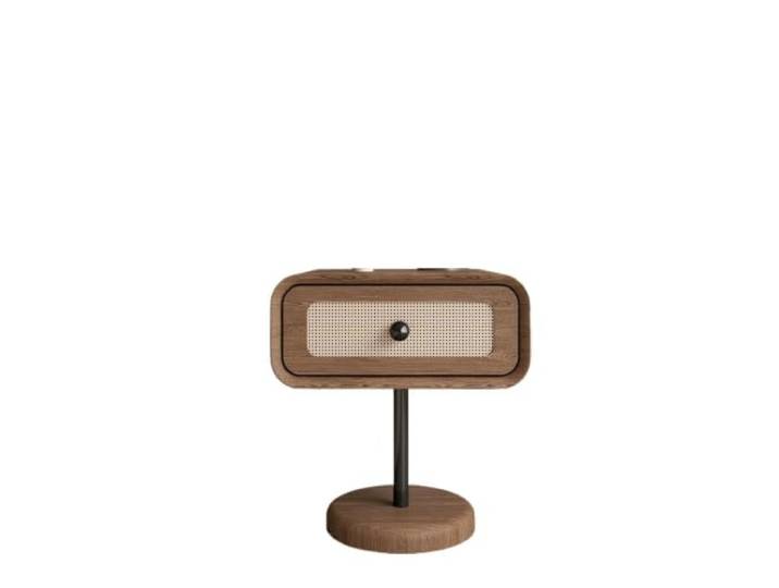 DASJKDI Nachttisch aus Massivholz und Kunststoff-Rattan Verwendung im Schlafzimmer aus Leder im Vintage-Stil(Wood grain color,45x40xH50cm)