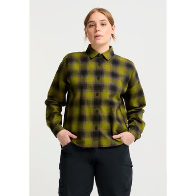 Flanellbluse JACK WOLFSKIN "BAJA FLANNEL SHIRT W", Damen, Gr. XXL (48), checkschwarznavy, sheerplum, Obermaterial: 100% Baumwolle, Blusen, Flanellhemd, weich, vielseitig kombinierbar
