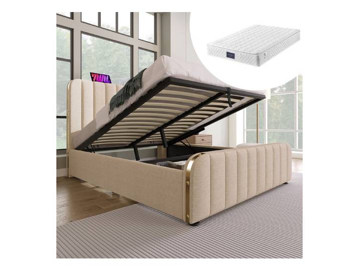 Rutaqian Polsterbett Doppelbett, Kopfteil mit Goldenen Zierstreifen,USB Typ-C Ladefunktion (Leinen-Material Hydraulisches Lagerbett (Mit Matratze)