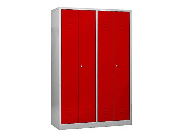 Schrank & Stuhl Doppelspind mit Trennwänden – zur Trennung von Arbeits- und Privatkleidung 180x117x50cm, 4 Abteile für Zwei Personen, Zylinderschlösser, Grau/Rot