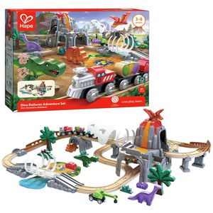 Hape E3795 Dino-Eisenbahn-Abenteuer, aus Holz, mit Vulkan und Leuchtelementen, 61 Teile