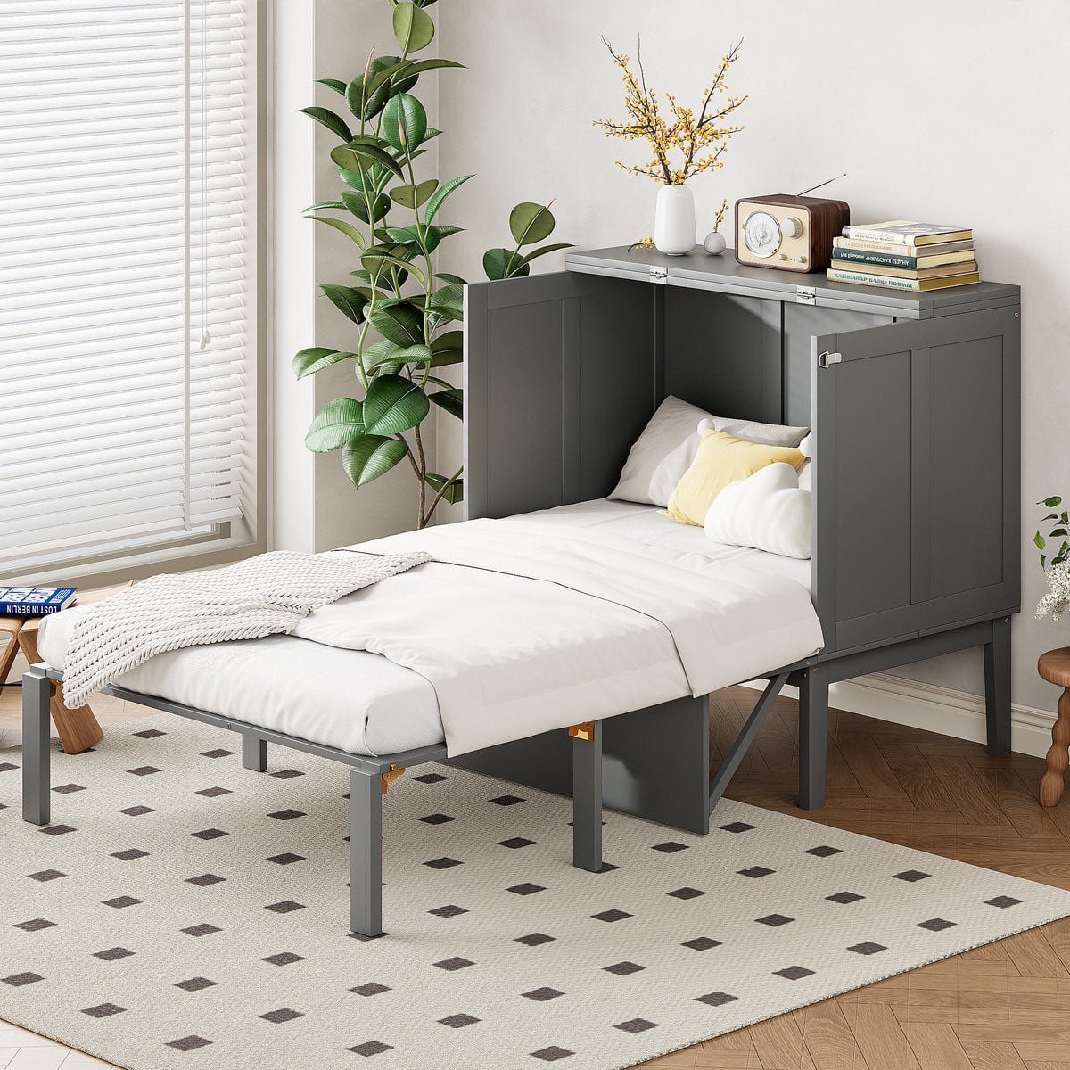 MIVRAY Wandklapbed met opbergruimte en lattenbodem - Grijs - 90 x 200 cm