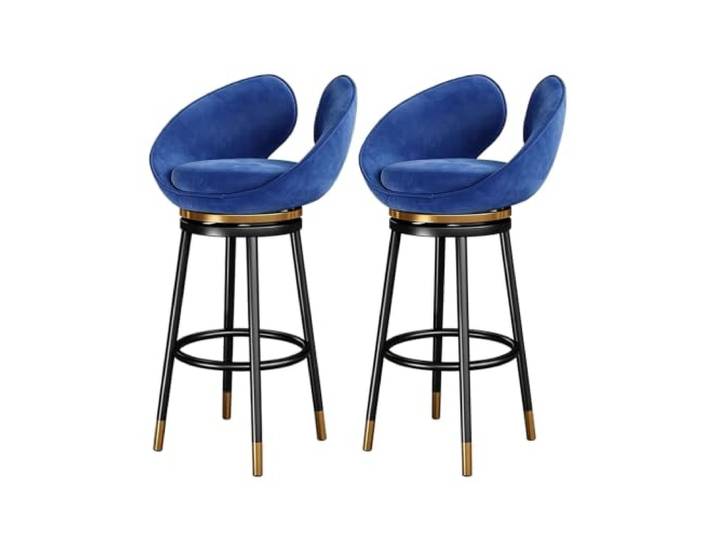 Drehbare Barhocker Set 2, Sitzhöhe 65/75 cm Samtsitz, Rückenlehne, schwarze Metallbeine, Kücheninsel(Blue,25.6in)