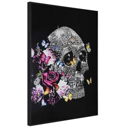 LED Leinwanddruckbild Totenkopf Blumen Dimmbar Farbwechsel Fernbedienung H 90 cm