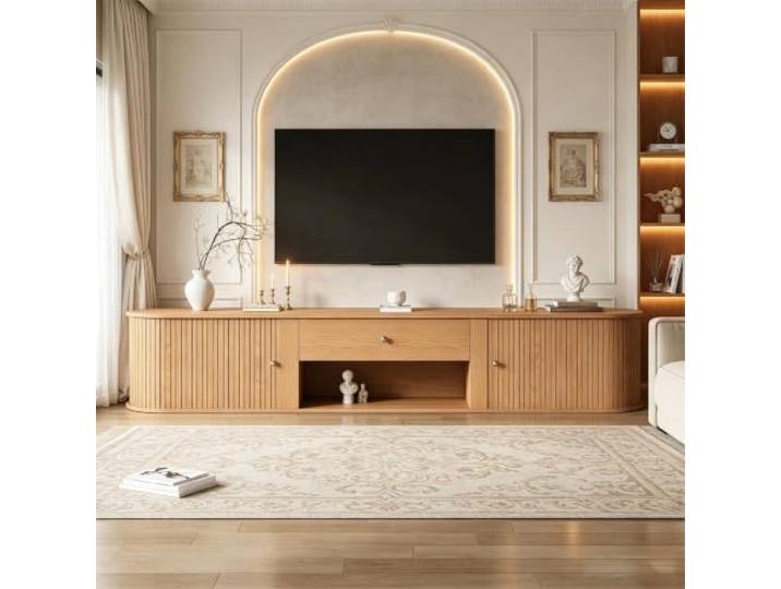 DUlVBPE Fernsehtisch lowboard, TV-Schrank mit Runddesign und 2 Rollo-Tür, mit 1 Schublade,Fernsehschrank für TVs bis 75 Zoll,Geeignet für Wohn- und Esszimmer,180x40x40cm,Holzfarbe