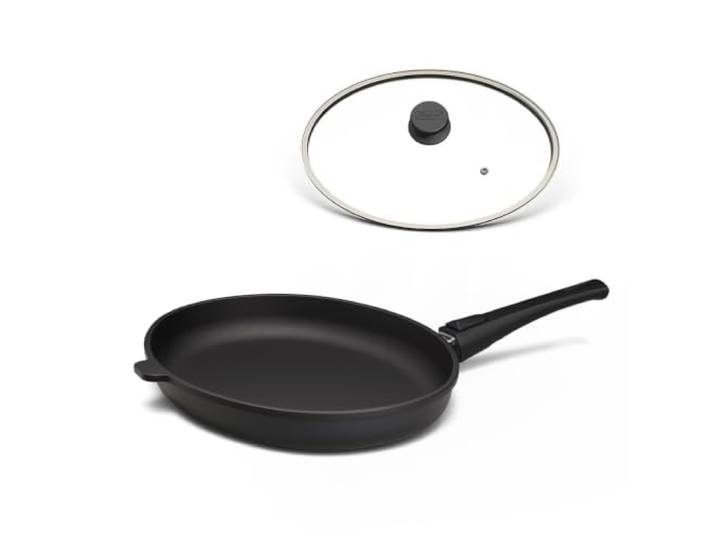 Hoffmann STONIQ Schnitzel- & Fischpfanne oval 38x28 cm Aluguss, IQ-SHIELD Antihaftbeschichtung, PFAS-frei, Abnehmbarer Stiel, Induktionsgeeignet, made in Germany