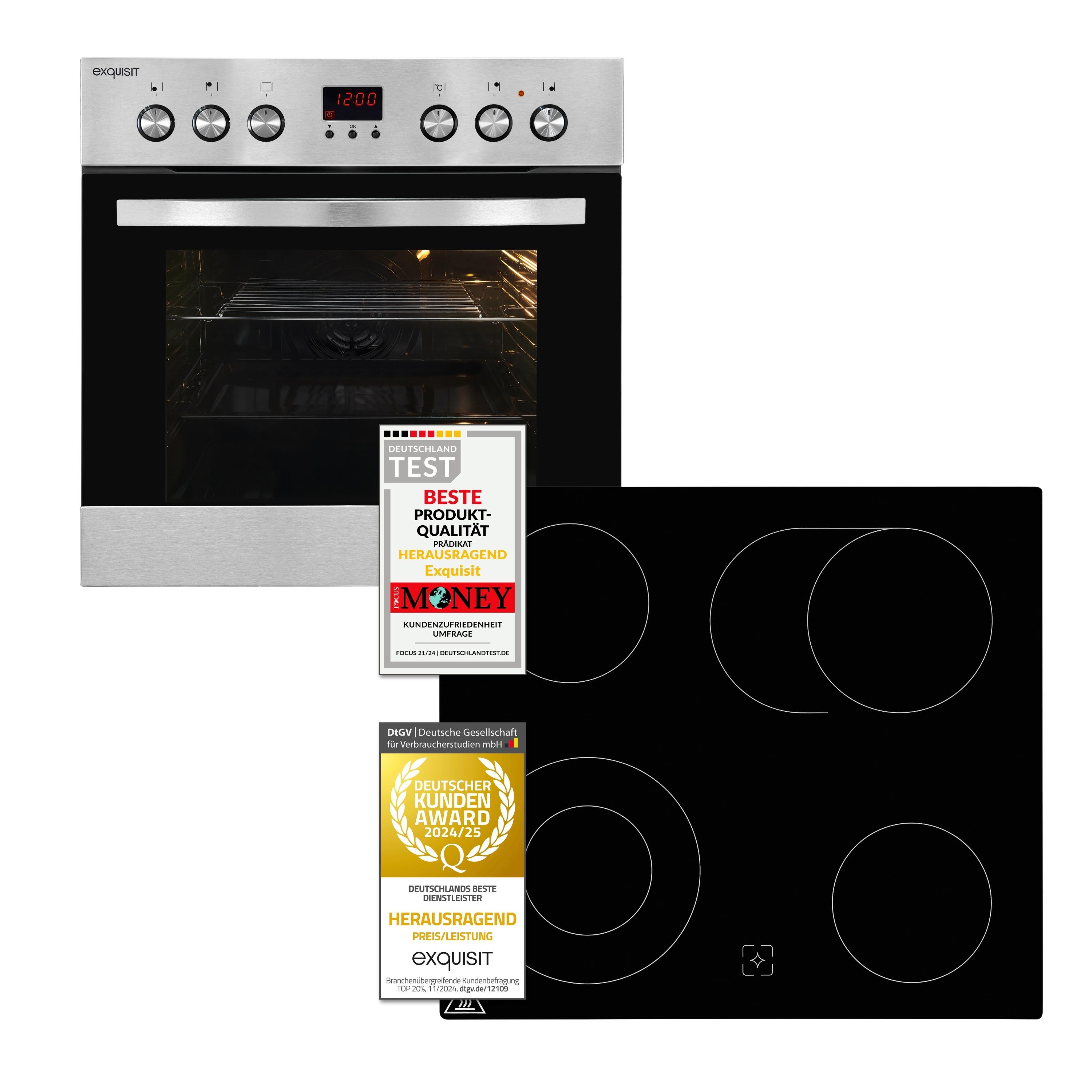 Exquisit Herd-Set, 58 Liter, Backofen mit 9 Funktionen, Kochfeld mit 4 Zonen, Umluft, Heißluft, Grill, Timer, Energieeffizienz A, EHE185-1.3