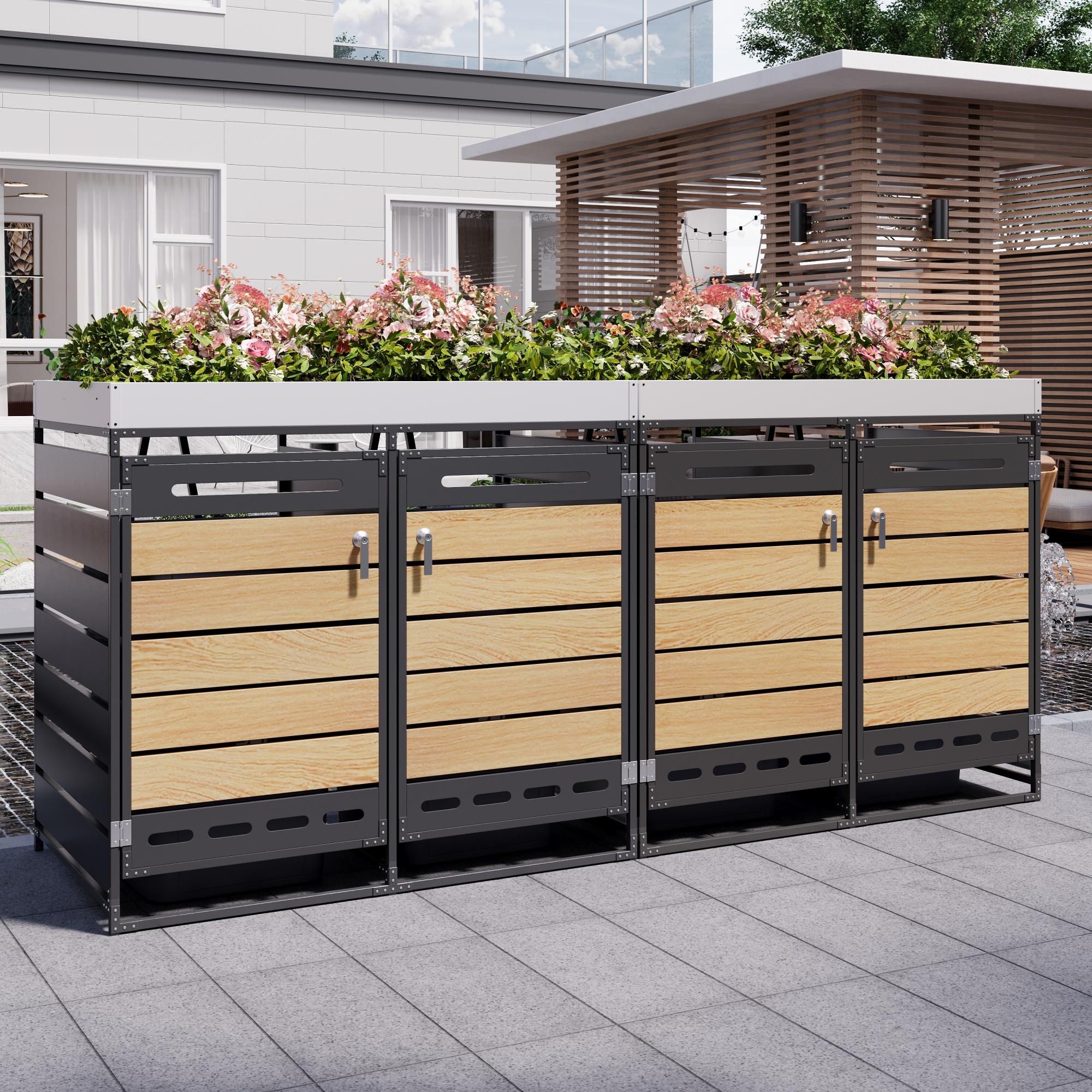Merax Mülltonnenbox 2er mit Pflanzkasten, Metall Mülltonnenverkleidung Holzoptik Horizontal, Belüftet und Abschließbar, Garten Müllbox Schwarz