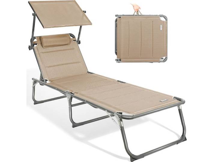 HOMECALL Bain de soleil Chaise longue pliante éponge épaisse dossier réglable pare-soleil coussin de tête jusqu'à 180kg-beige