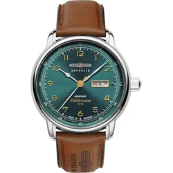 Zeppelin Herren Herrenuhr 96644 - Petrolfarbenes Ziffernblatt mit goldenen Zahlen/Indices,cognac - 40mm