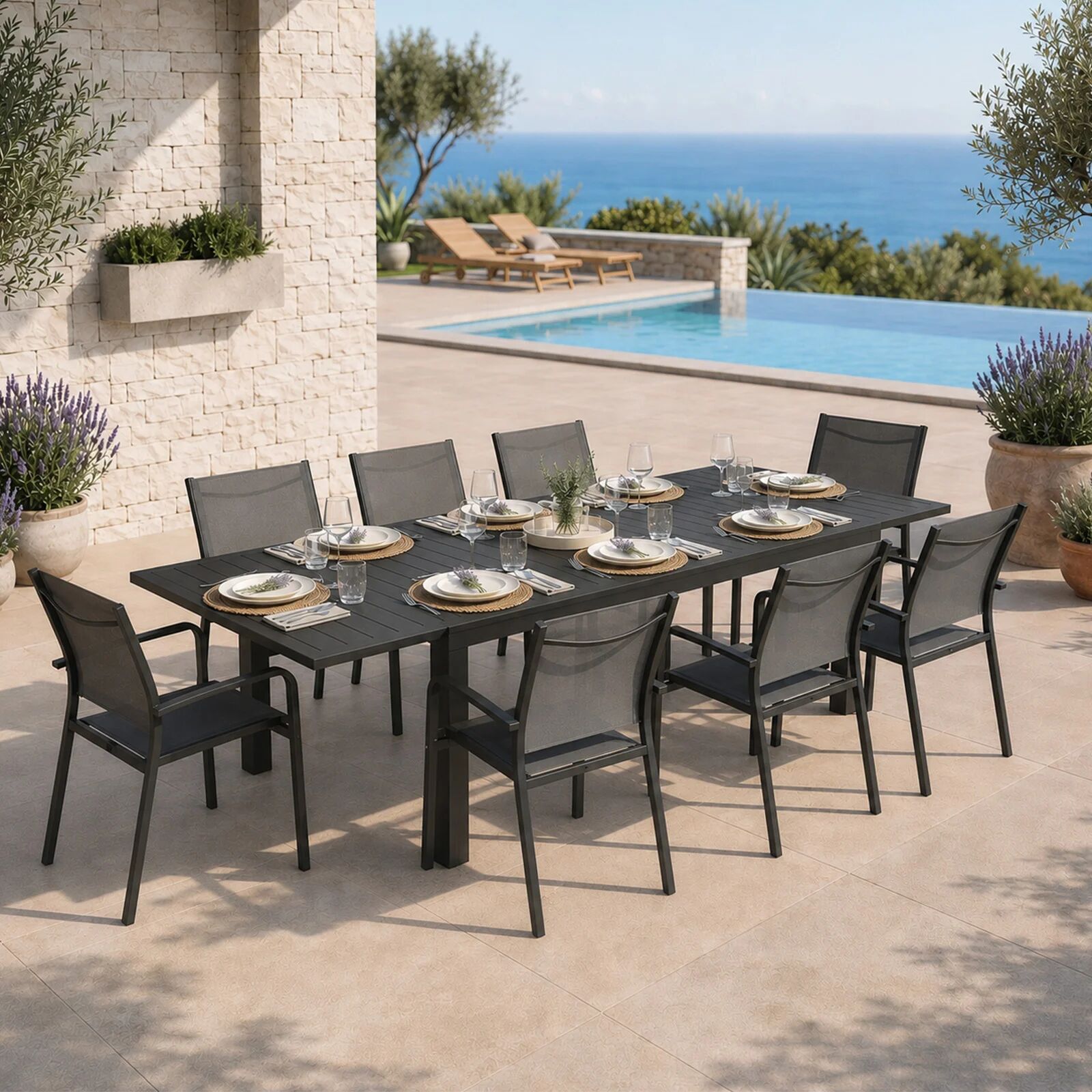 garneroarredamenti Set tavolo da giardino allungabile 140/210cm antracite + 4 sedie con braccioli tondi antracite Brezza