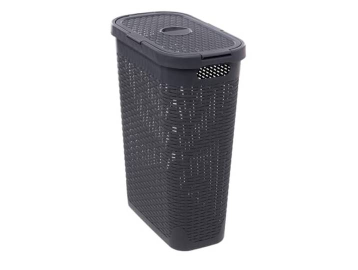 5five – Schlanker Wäschekorb aus Rattan, 40 l, Grau – Belüftungslöcher – Deckel – Ergonomische Griffe für einfaches Tragen – Aufbewahrungskorb aus Kunststoff