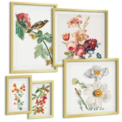BILDER SET 5er Set - 50x50 cm & 20x30 cm & 40x60 cm Goldrahmen - Gemalte Blumen, Retro-Vogel