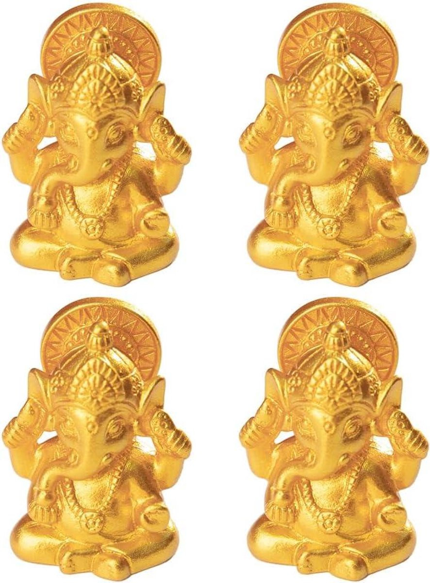 Set van 4 handgemaakte Ganesha beeldjes - Mini olifant god decoratie - Goudkleurig