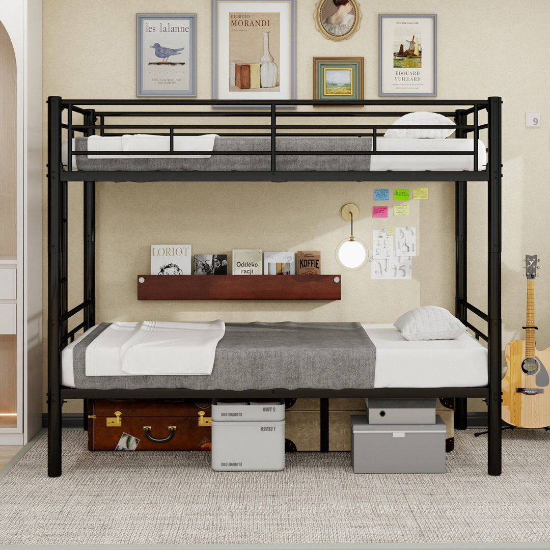 Canora Grey Reinforced Metal Bunk Bed With Iron Art, 90x190cm Mattress, Space Saving For Dormitory & Youth Bedroom Black 156cm H X 98cm W X 197cm L