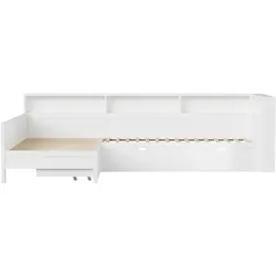 MODFU Plattformbett MDF/Sperrholz Weiß 90x200 cm, L-Form mit Ausziehbett, Schublade, LED und Ladestation