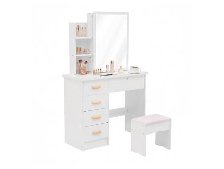 ELWYNTP Schminktisch, 80x35x128CM Weiß 5 Schubladen Hocker Frisiertisch Kosmetiktisch Dressing Table Schminkhocker Sitzhocker Stuhl Modern Wohnung Wohnheim Haus mit Spiegel für Schlafzimmer