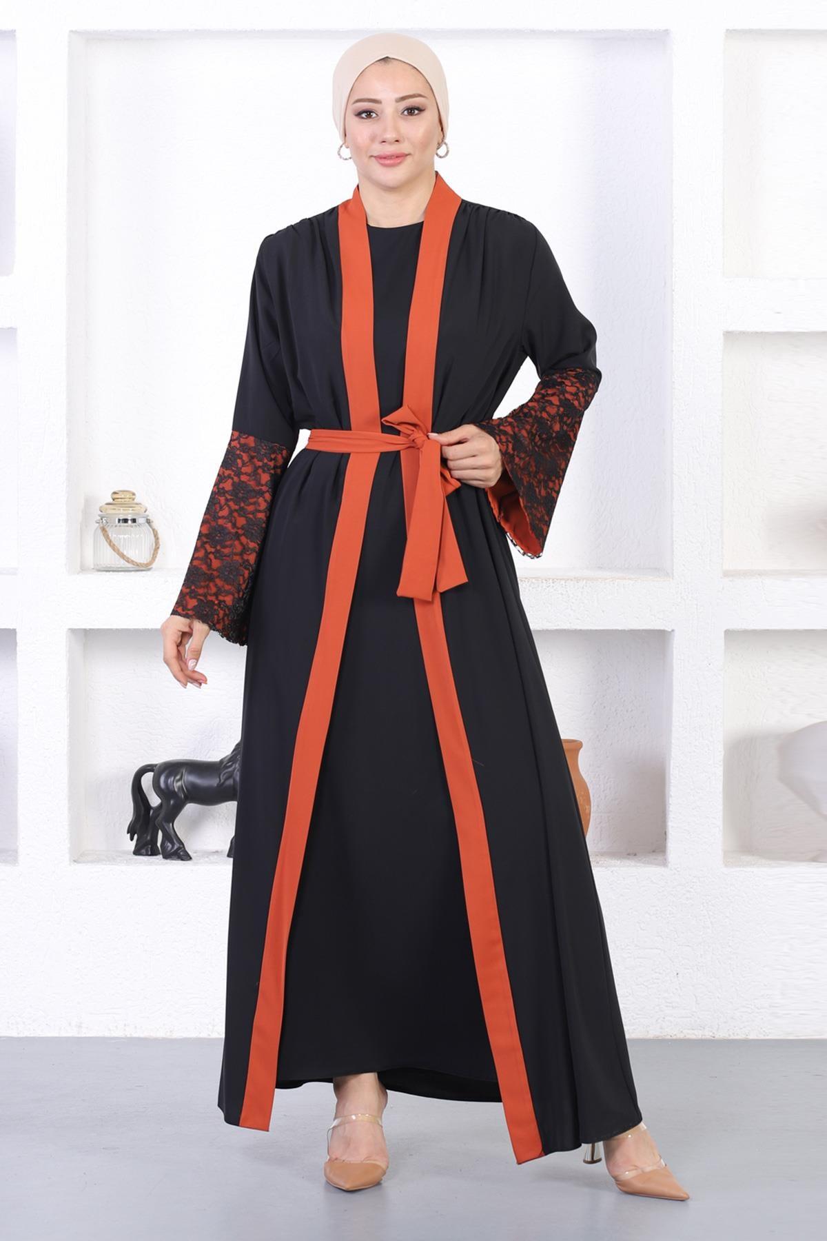 Spitzen Detailed Abaya Ziegelrot