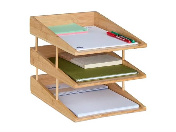 Relaxdays Porte-lettres en bambou\, 3 étages à utiliser ensemble ou séparément\, pour le bureau\, nature