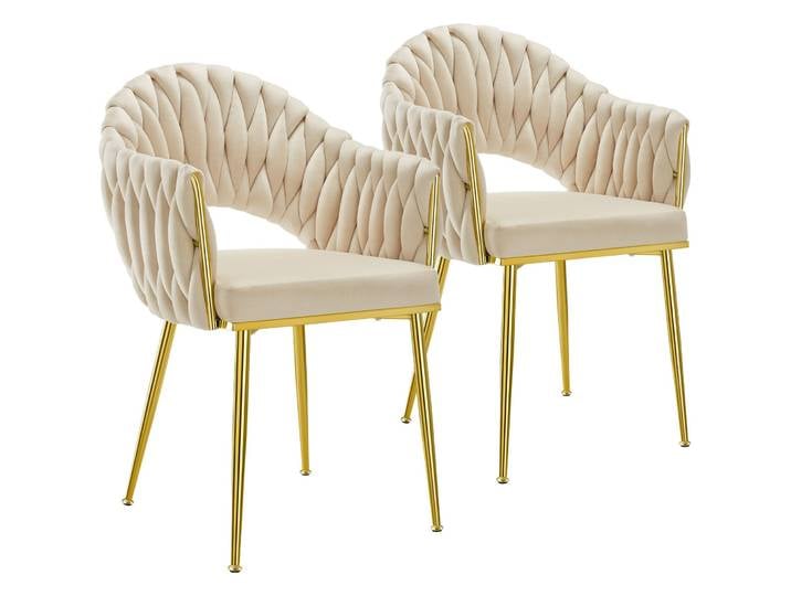Set Esszimmerstuhl Caslano, Samtbezug, Lehne im Flechtdesign - sandfarben/gold