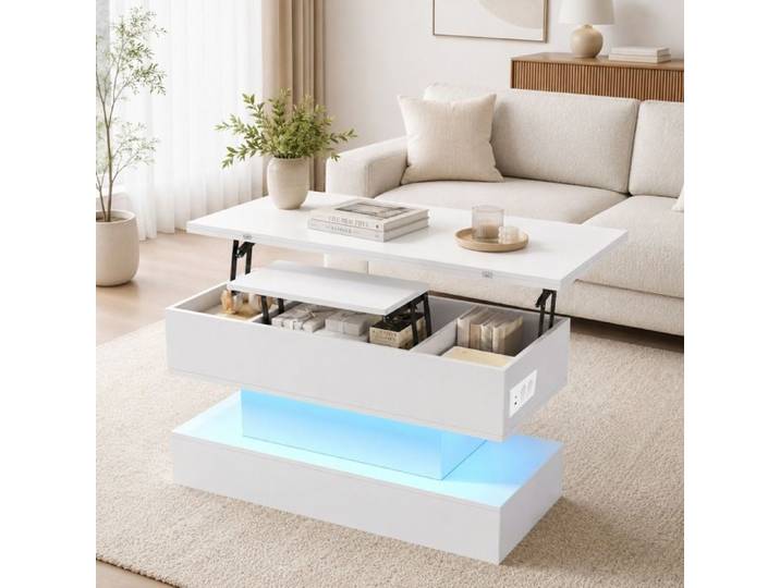 Table Basse avec Plateau Relevable avec LED Rangement pour Bureau ou Salle à Manger Blanc