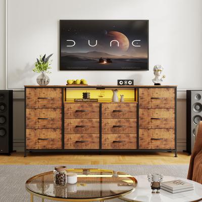 Garvee Dresser TV Stand for TV, Fabric Chest with Charging Station LED Lights Open Shelves Modern Entertainment Center