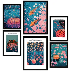 POSTER Set Mit 6 Yayoi Kusama Japanischer Kürbisfisch A3 & A4 Schwarzer Rahmen