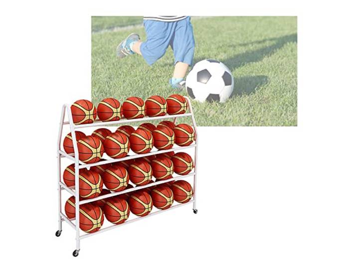 Aufbewahrung Regal 4-stöckiges Basketball-Aufbewahrung Mit Rädern Ballwagen Stehender Ballhalter Aufbewahrungsregal Sportausrüstung Organizer Für Volleyball Fußball(White,140CM)