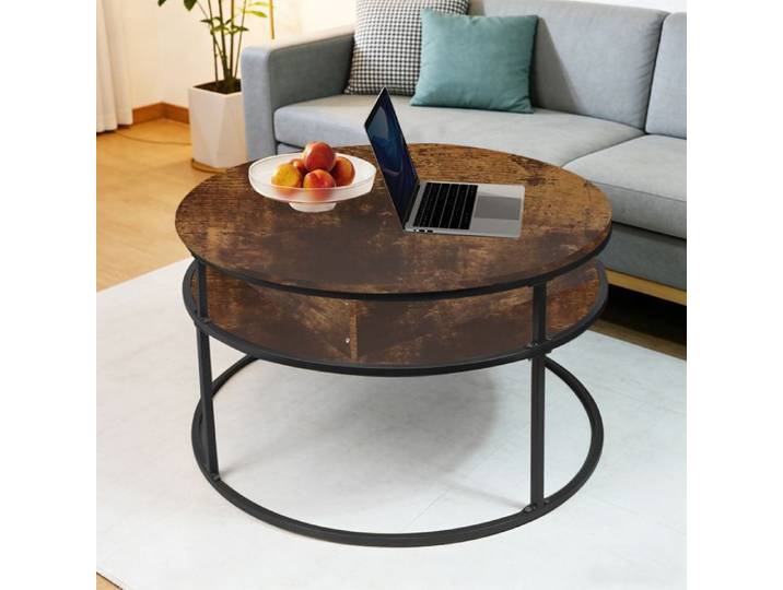 OHMG-Table Basse Ronde Réglable En Hauteur-Motif Marbré-Grande Capacité-Facile À Nettoyer-Écurie-Étagères Marron Et Noires