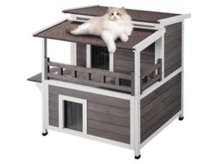 VEVOR Katzenhaus für draußen, wetterfest, Unterschlupf für Wildkatzen für mehrere Katzen, großes 2-stöckiges Katzenhaus aus Holz für draußen mit Balkon, Türen, PVC-Türklappen und offenem Dach, 76,2 cm L x 76,2 cm B x 81,3 cm H
