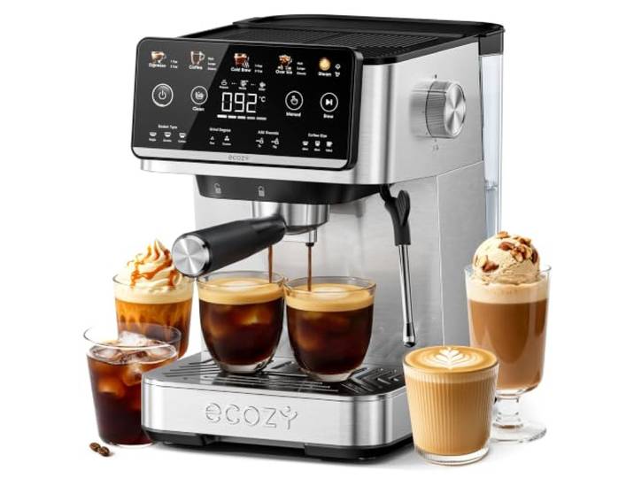 ecozy 4-in-1 Siebträgermaschine, Kaffeemaschine mit Milchaufschäumer Silber Interaktives Touchdisplay, Selbstreinigung, Espressomaschine für Espresso, Cappuccino, Latte, Cold Brew, Eiskaffee