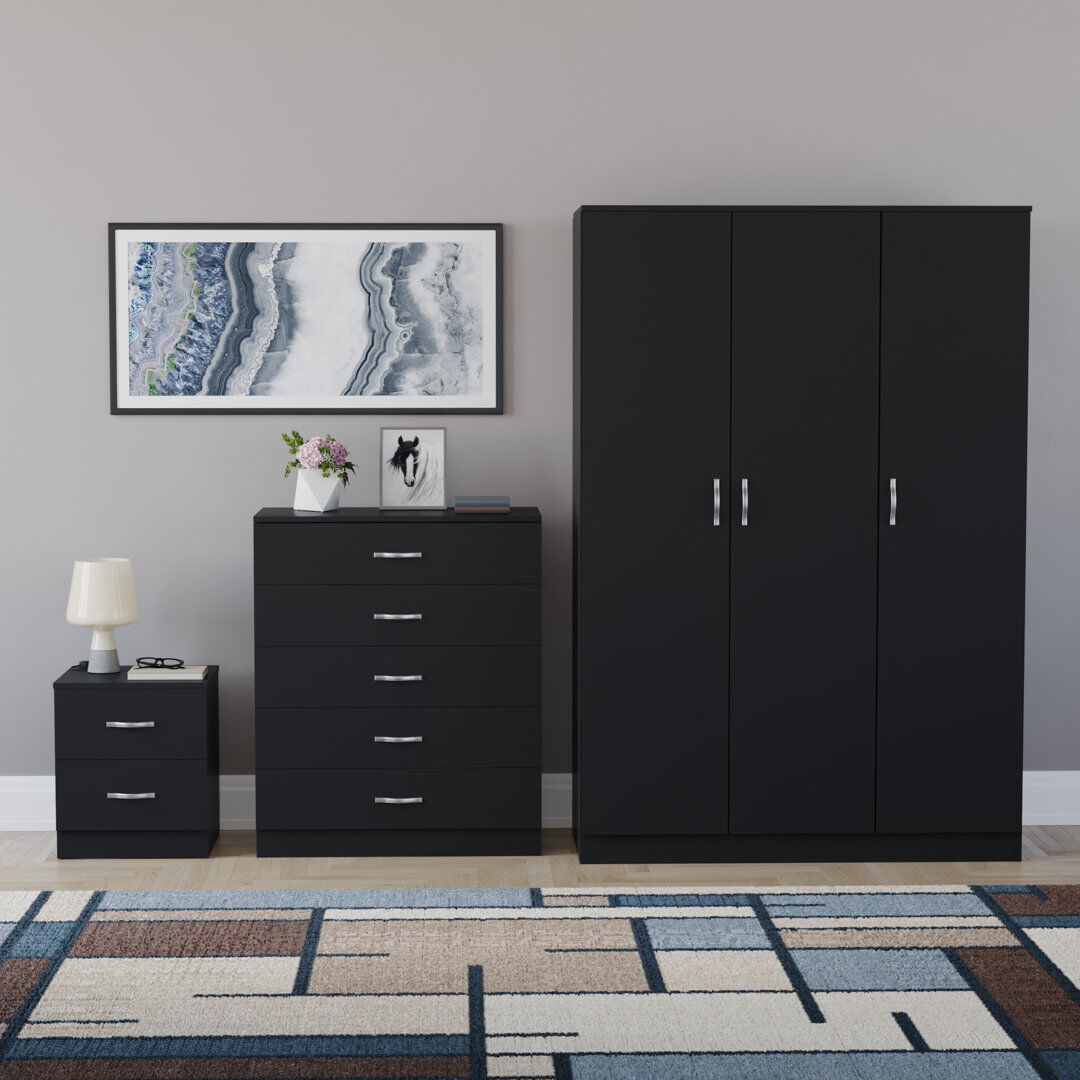 17 Stories Maybery 3 Piece Bedroom Set (2 Drawer Bedside Chest, 5 Drawer Chest, 3 Door Wardrobe), (5) Black