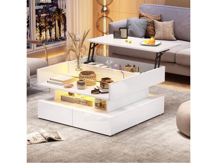Table basse - Réglable - 80x80x45cm - LED - 2 tiroirs - Blanc