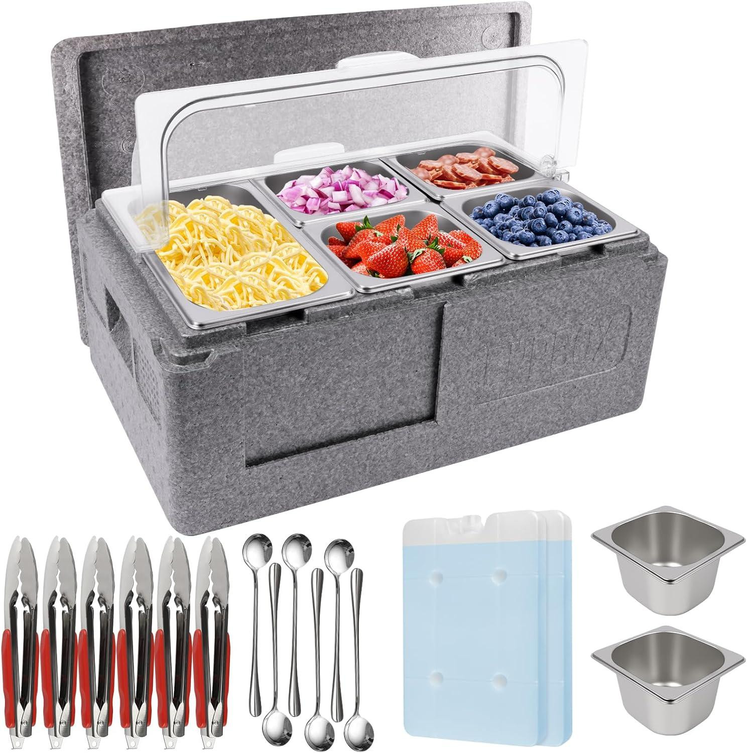 Selius Pizza Topping Station en Saladebar Buffetset - 7 Pannen met Lepels en Clips met Koelfunctie