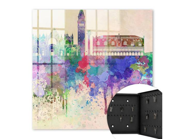 Tulup Schlüsselbox Schwarz 30x30 cm- Türöffnung nach rechts - Urbane Aquarellmalerei, Lila, Metall, Rauten, Rechteckig, 30x30x5 cm, Garderobe, Schlüsselkästen & Schlüsselboards