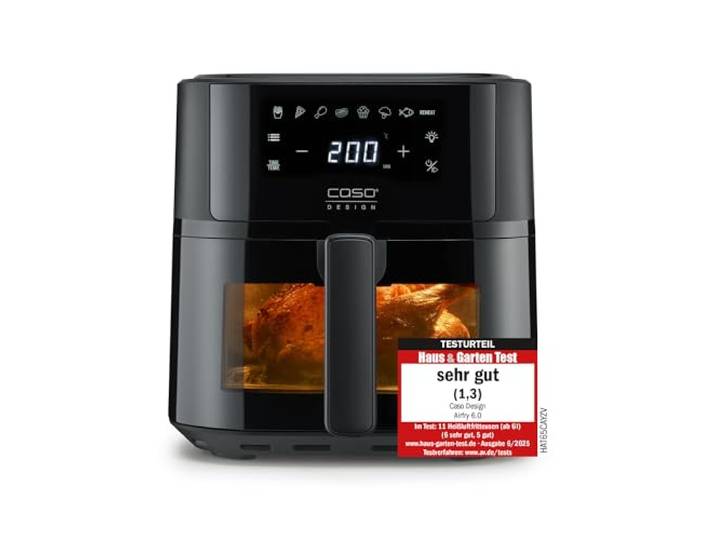CASO AirFry 6.0 - Heißluftfritteuse, Airfryer, 6 Liter, Timer, Besonders Leise 38 db, Shake-Reminder, 8 praktische Voreinstellungen, Touch Bedienung, Edelstahl Innenraum