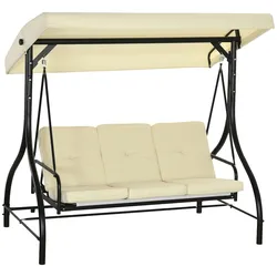 OKWISH Hollywoodschaukel 195x117x175 cm 3 Sitzer mit Liegefunktion verstellbarem Sonnendach Stahlrahmen wetterfest Beige für Garten Terrasse
