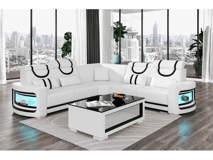 Xlmoebel Ecksofa Ecksofa L-Form Weiß Couchtisch Modern Wohnzimmer Design Möbel Set *, Ecksofa und Couchtisch 2 Teile, Mit LED
