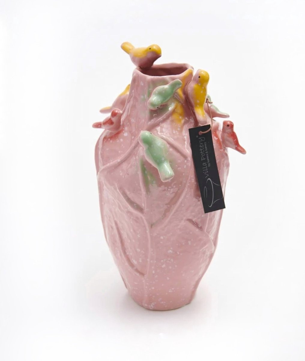 Villa Pottery Porseleinen Vogelvaas Lieve 3 Pink 9 Birds