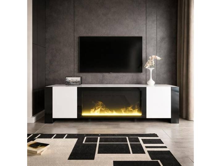 Meuble TV 165x32x55 cm avec cheminée électrique effet flamme espace de rangement avec étagères structure stable blanc