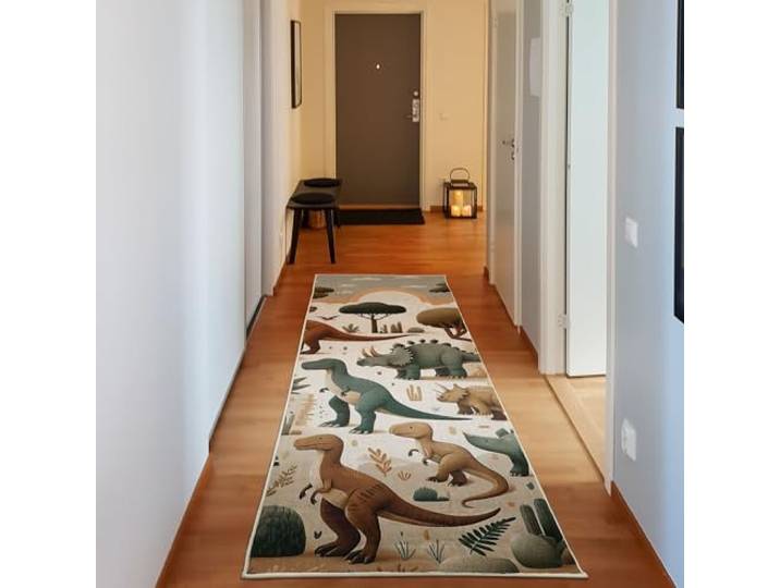 ABAKUHAUS Dinosaurier Dekorativer Teppich, Jurassic Szenario Cartoon, Hochwertiger Flächenteppich für Schlafzimmer und Wohnzimmer, 76x229 cm, Ingwer Olivengrün