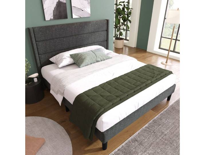 Lit double 140x200 cm - Cadre rembourré - Tête de lit design - Structure en bois - Gris foncé